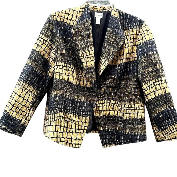 Chicos Blazer Jacket Womens 3 Large Black Gold Metallic Snake Artsy Classic - Picture 1 of 10